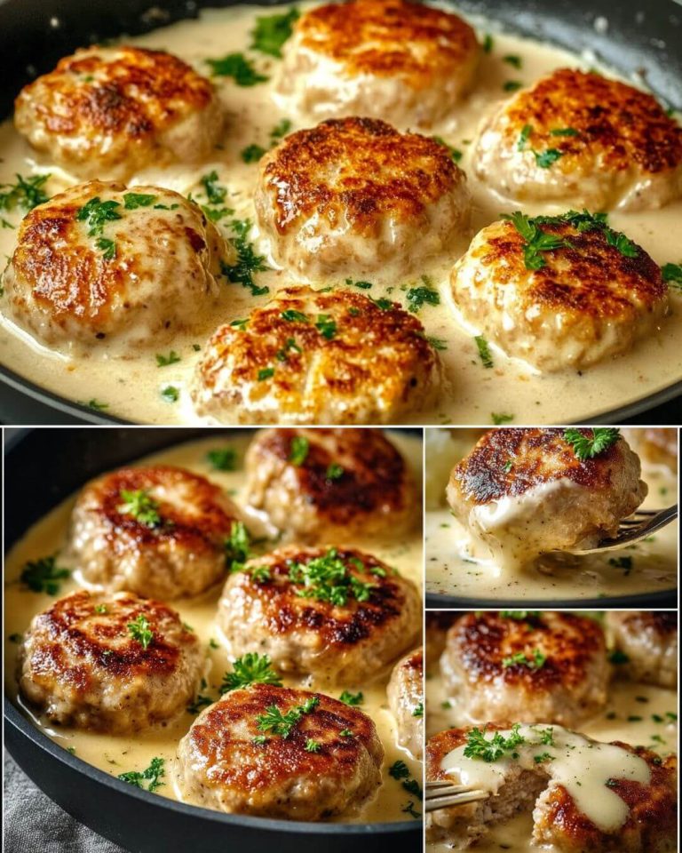 Golden Meat Patties in Creamy Sauce with Mashed Potatoes