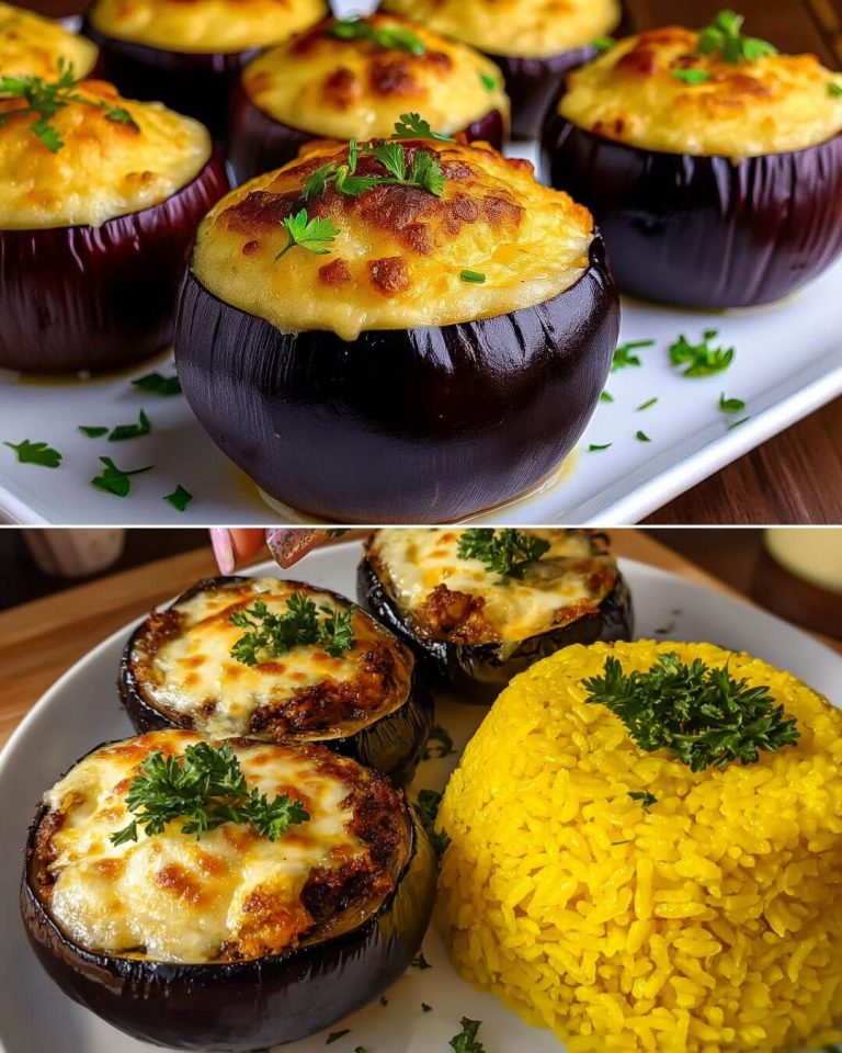 Baked Stuffed Eggplants with Cheese and Golden Rice