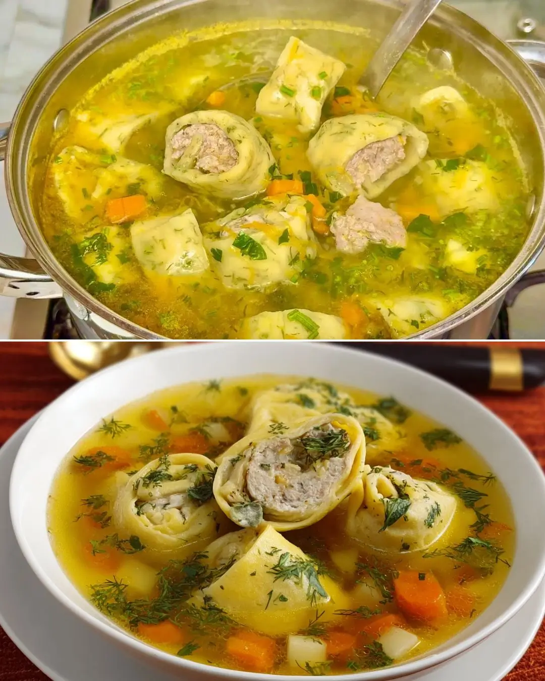 German Strulli Soup with Beef and Herb Dumplings