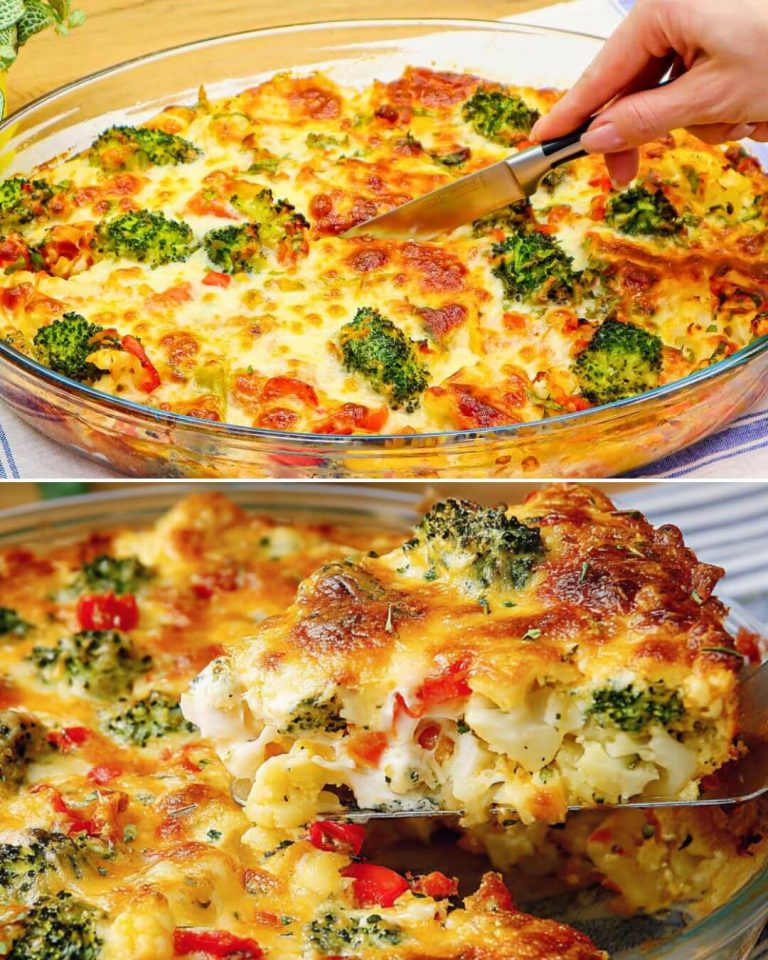 Broccoli and Cauliflower Bake with Roasted Peppers and Cheese