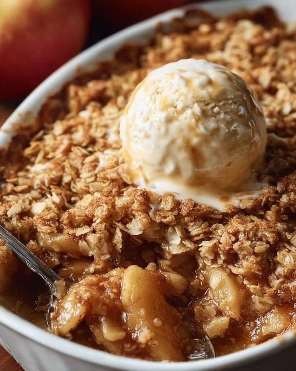 Delicious homemade Apple Crisp topped with oats and cinnamon
