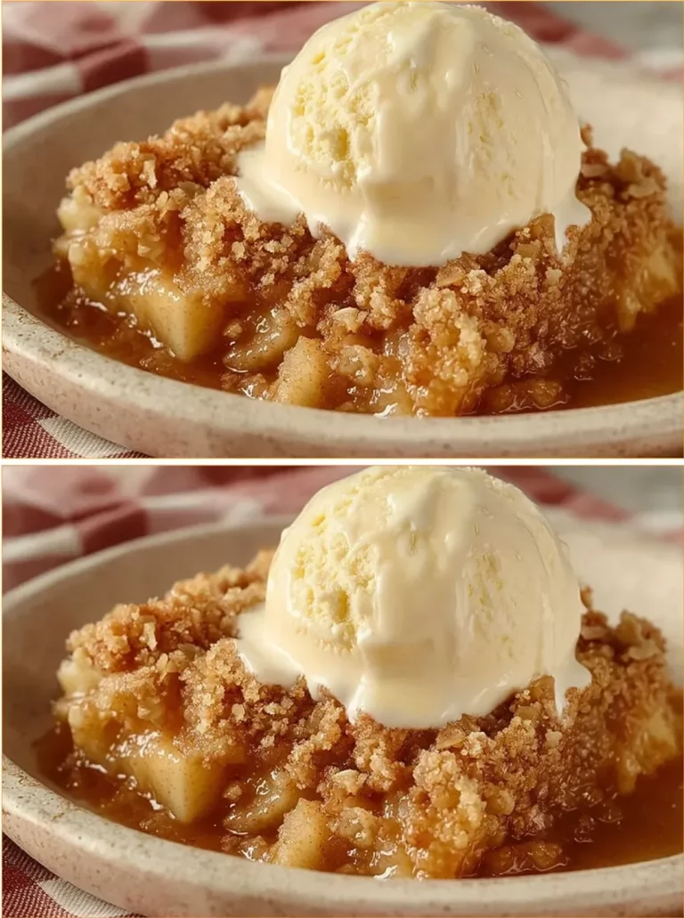 Delicious baked Apple Crisp with oats and cinnamon served in a dish