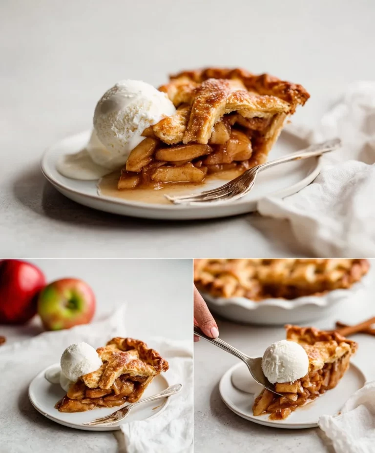 Delicious apple pie à la mode served with a scoop of vanilla ice cream.