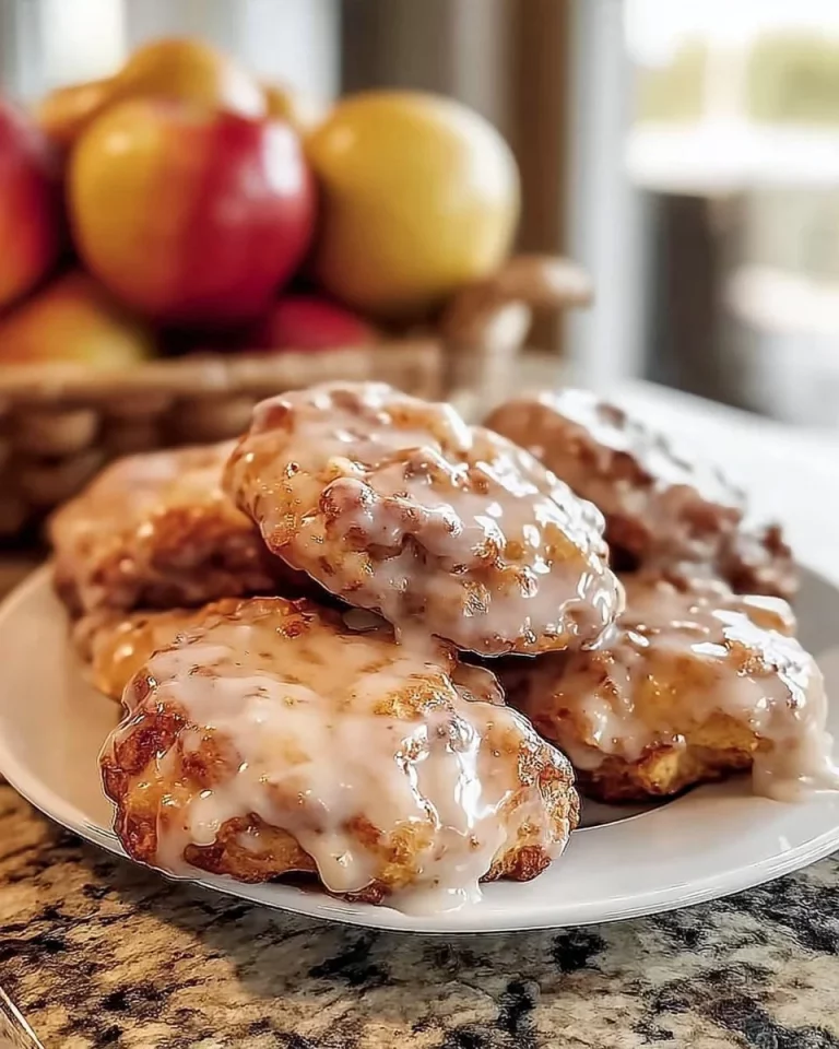 Baked apple fritters topped with glaze on a wooden table