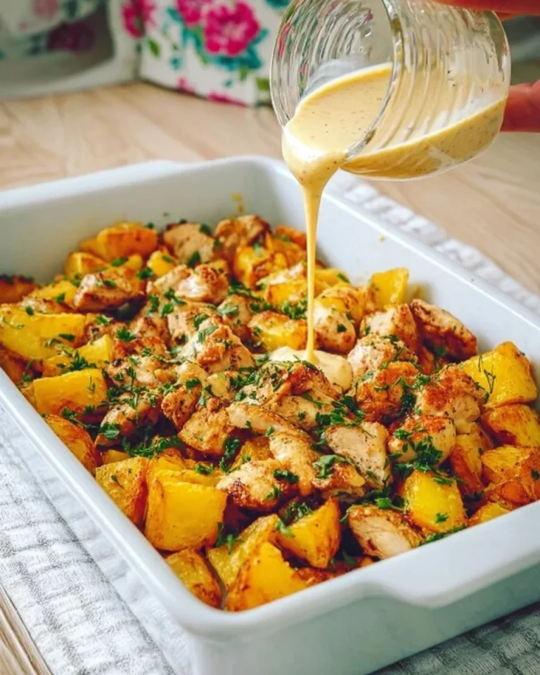 Baked chicken with potatoes and melted cheese on a plate
