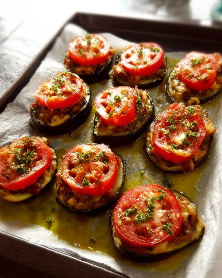 Baked eggplant topped with savory minced meat, garnished and ready to serve.