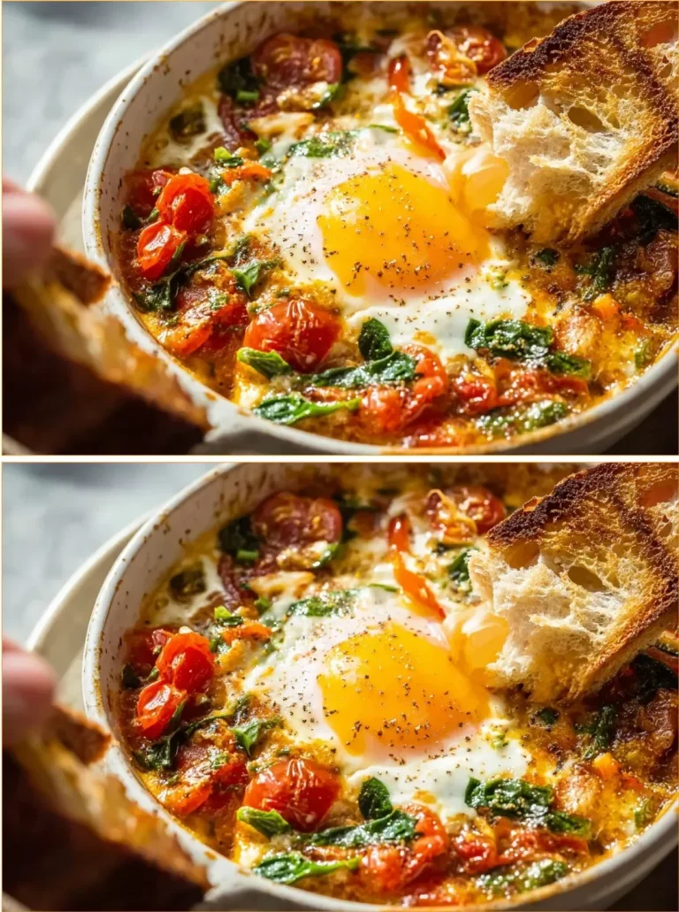 Delicious baked feta eggs served in a rustic pan with fresh herbs.
