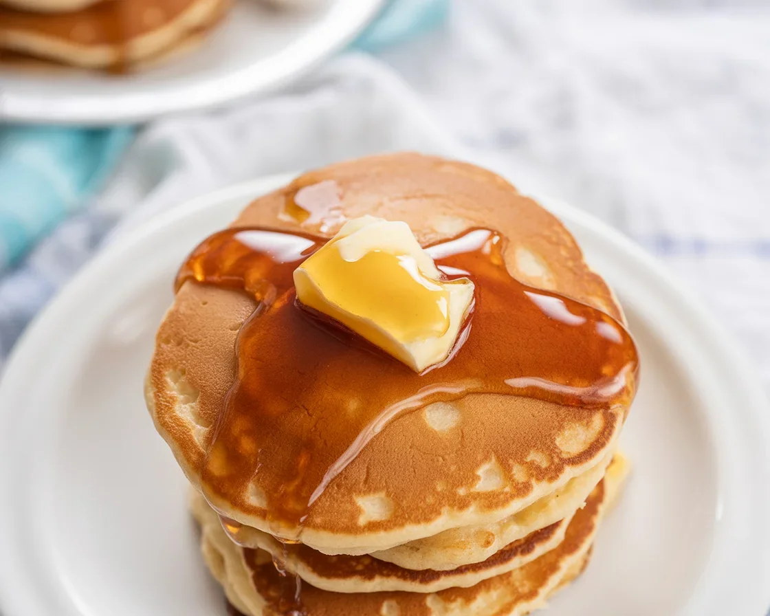 Delicious banana oat pancakes served with fresh fruit and syrup.