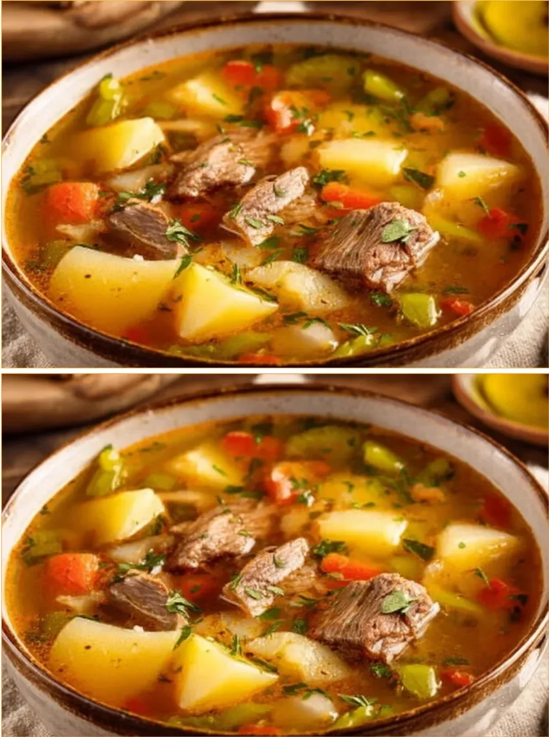 Bowl of beef broth with vegetables and potatoes for a comforting meal