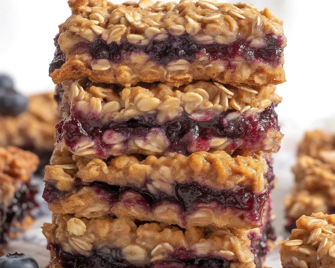 Delicious berry oatmeal breakfast bars with blueberries and oats, perfect for a healthy snack.