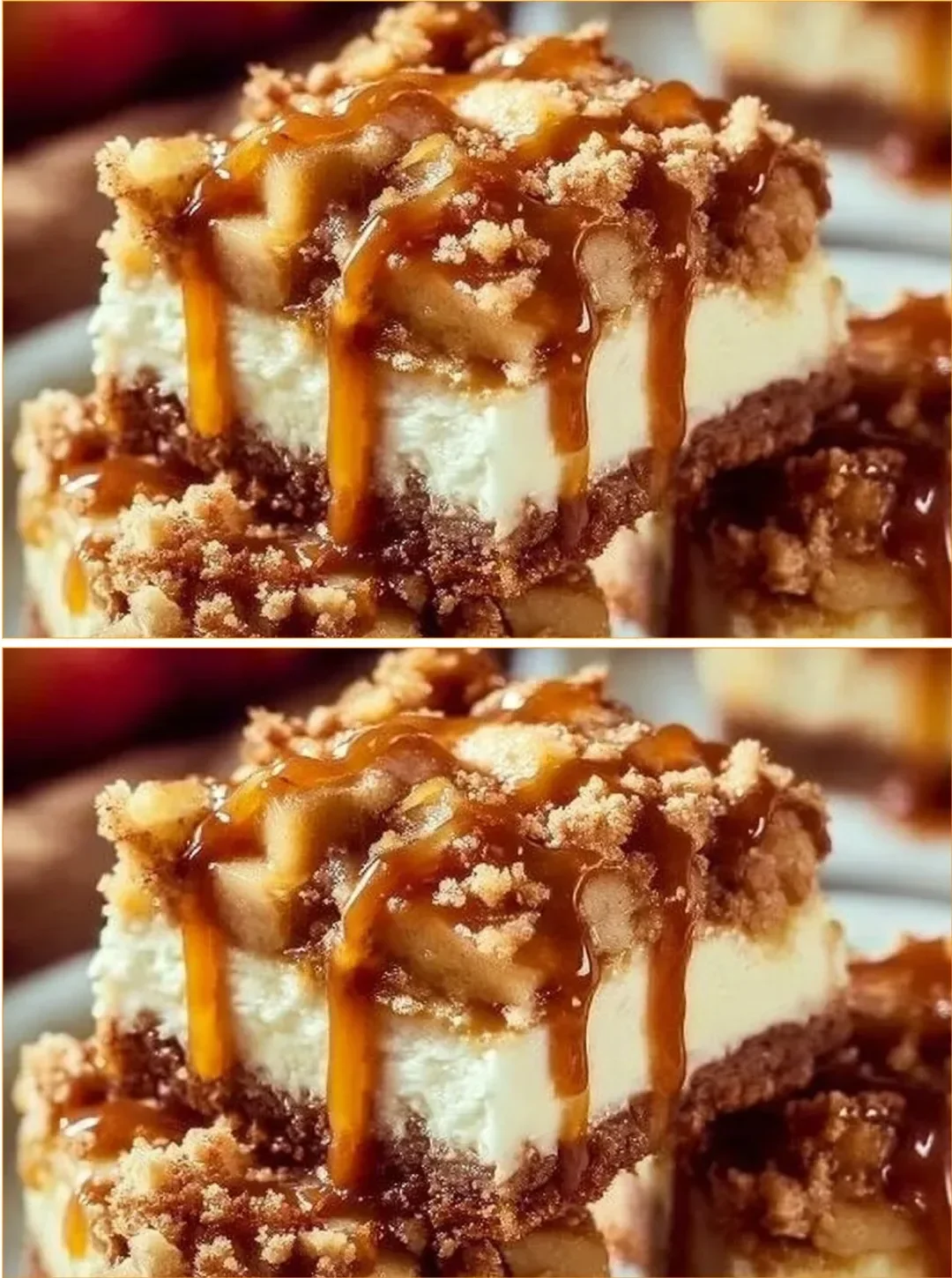 Caramel apple cheesecake bars with caramel drizzle and apple slices
