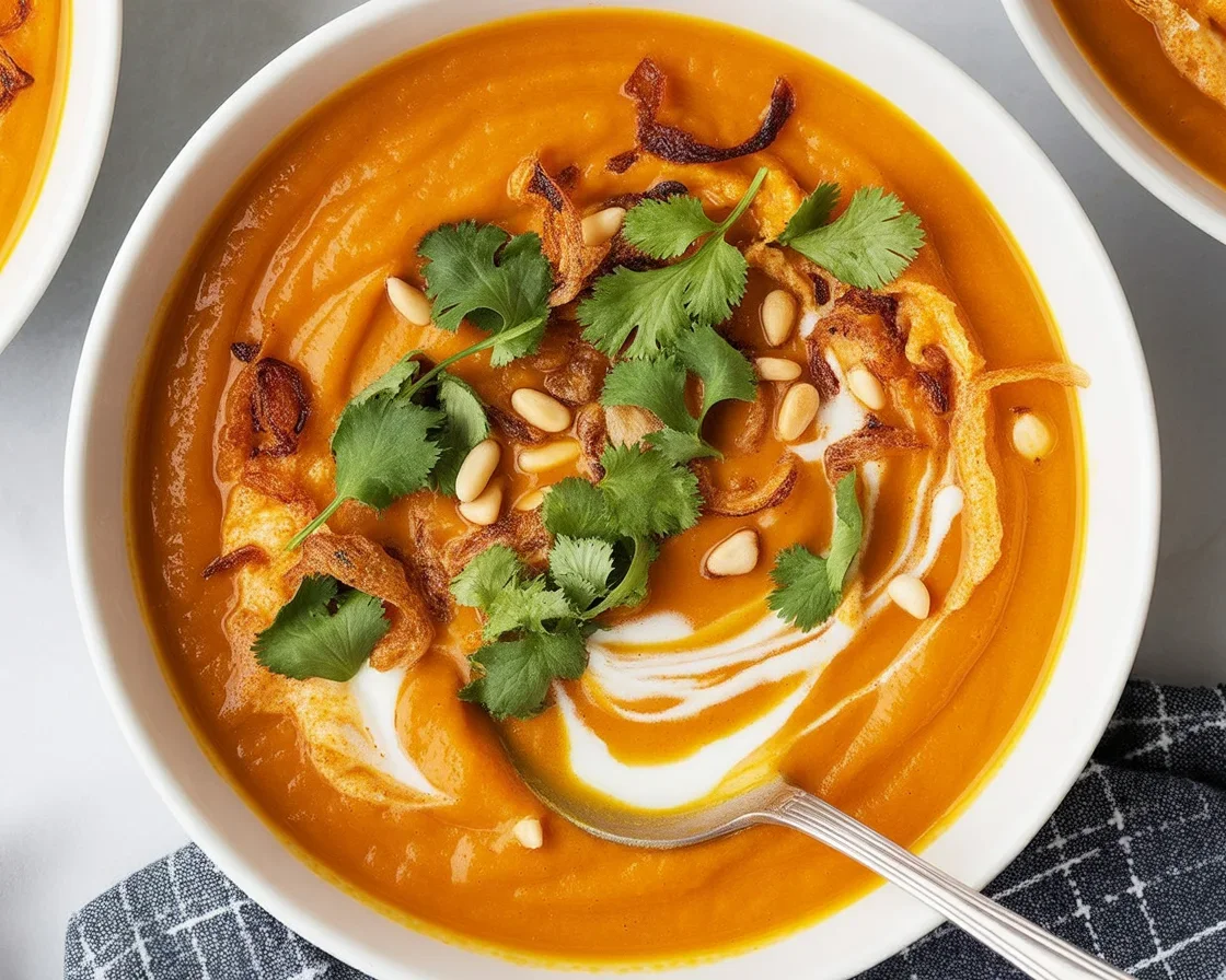 A bowl of creamy carrot ginger soup garnished with cilantro and lime.