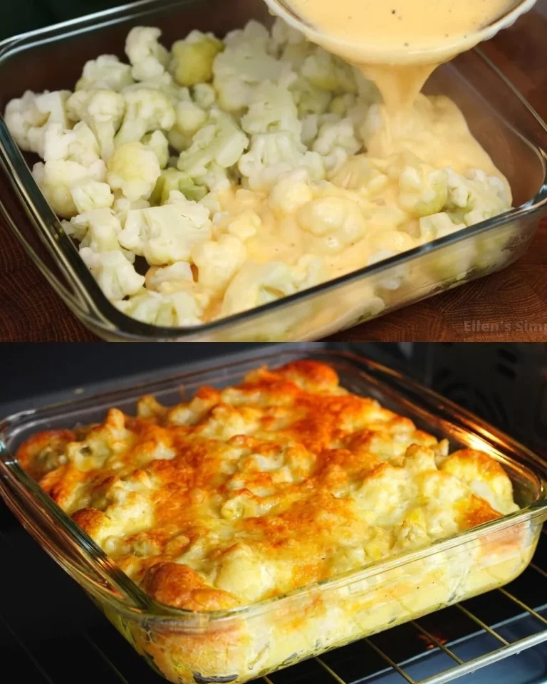 Delicious Cauliflower Cheese Bake topped with golden cheese crust.