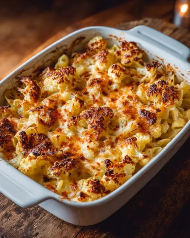 Creamy Cauliflower Mac and Cheese dish topped with cheese and herbs.