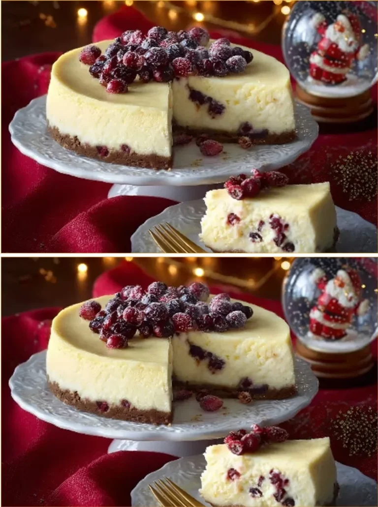 Cheesecake topped with cranberries and drizzled with white chocolate