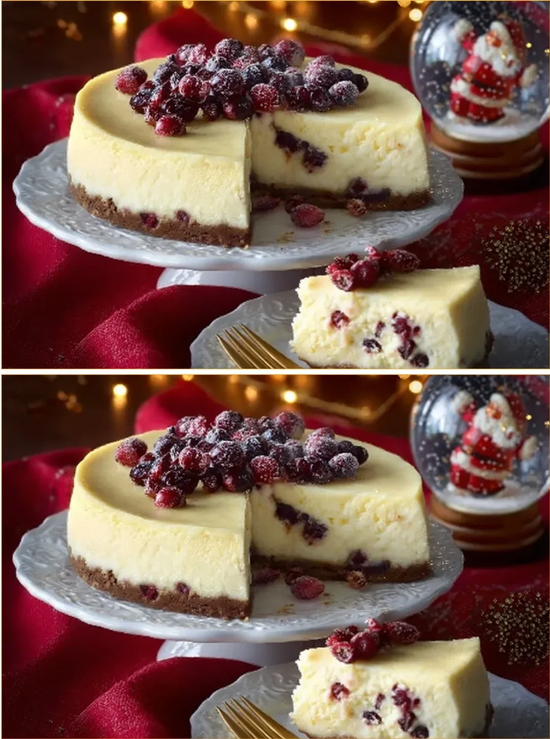 Cheesecake topped with cranberries and drizzled with white chocolate
