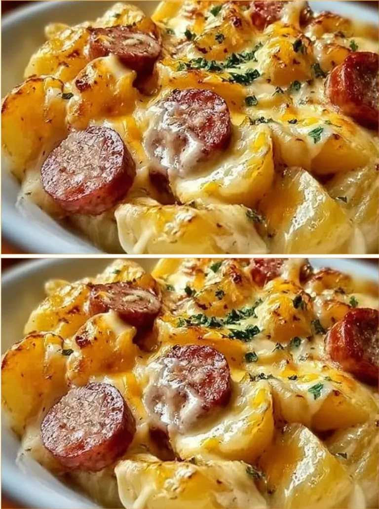 Cheesy Ranch Potatoes topped with smoked sausage served in a bowl