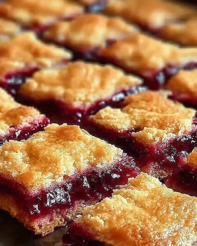 Delicious cherry pie bars topped with fresh cherries and a crumbly crust.