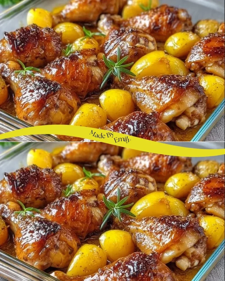 Baked chicken thighs with golden crispy potatoes on a serving plate.