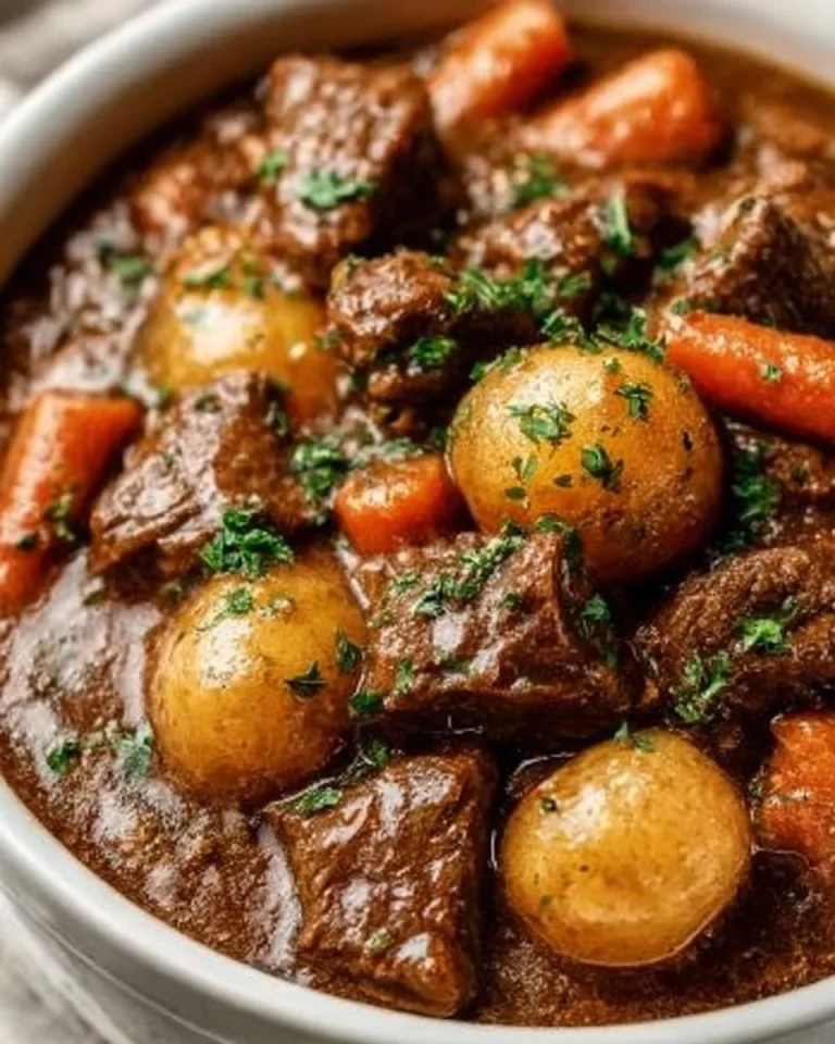 A hearty bowl of comforting crockpot beef stew with vegetables and spices