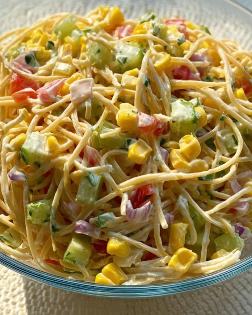 A vibrant Confetti Salad filled with colorful vegetables and herbs.