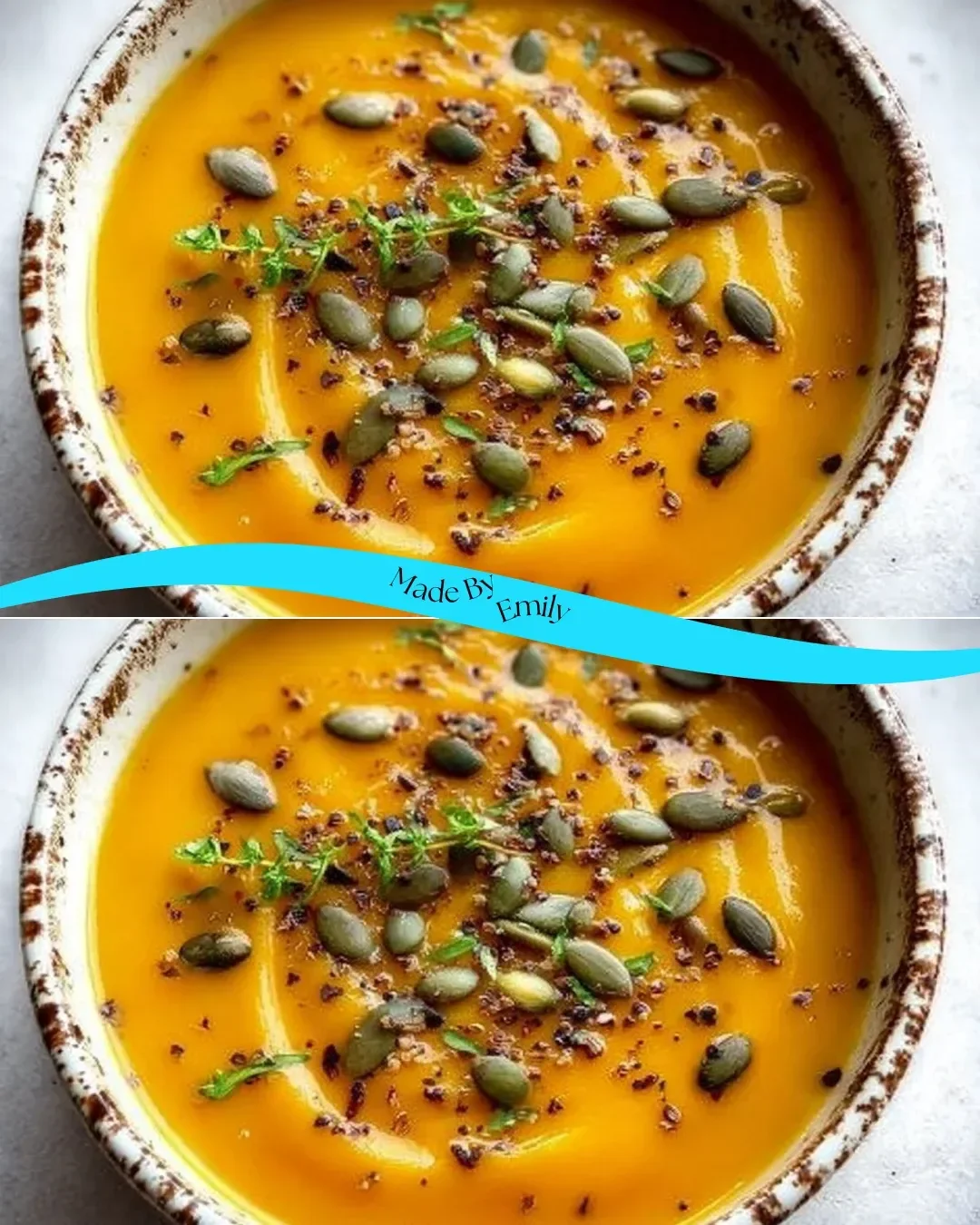 A bowl of Cottage Cheese Butternut Squash Soup garnished with herbs