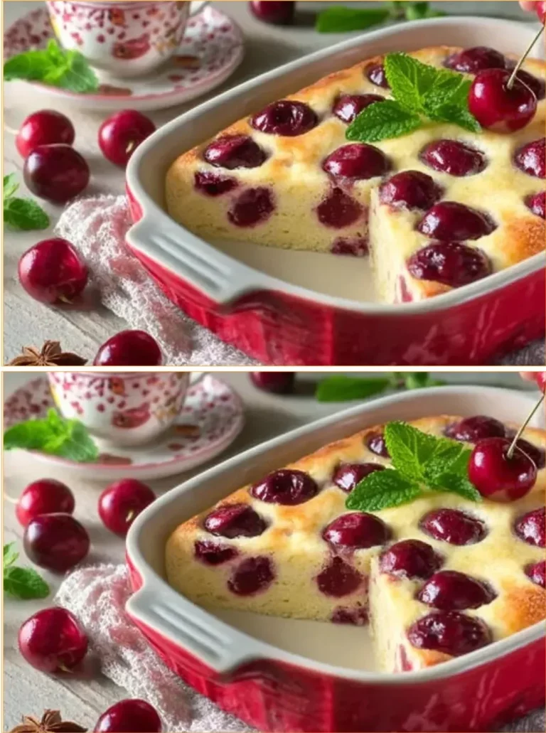 Delicious Cottage Cheese Casserole topped with cherries and baked to perfection