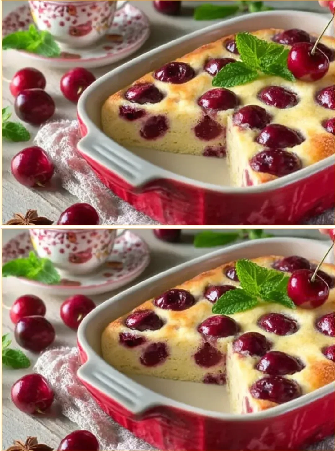 Delicious Cottage Cheese Casserole topped with cherries and baked to perfection