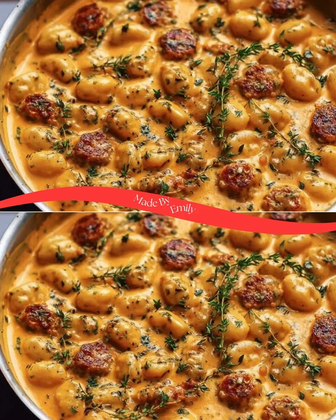 Creamy butternut squash gnocchi served with sausage in a delicious sauce