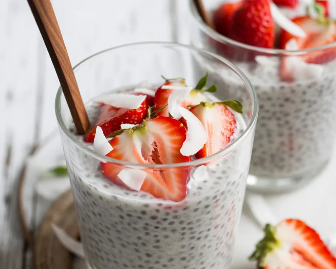 Delicious coconut chia pudding topped with fresh fruits and served in a bowl.