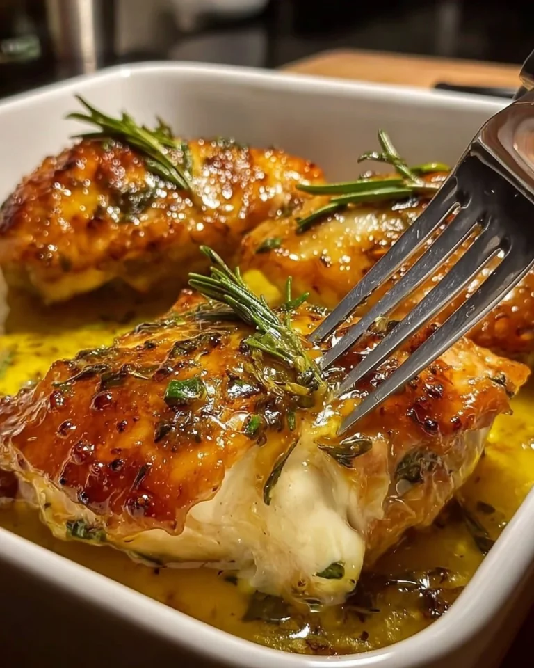 Plate of creamy Parmesan Chicken Delight garnished with herbs.