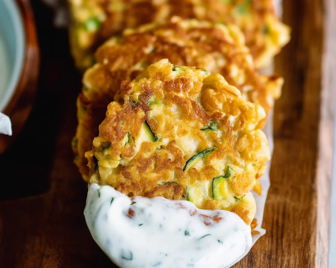 Crispy zucchini quinoa patties served with a side of dill yogurt sauce.