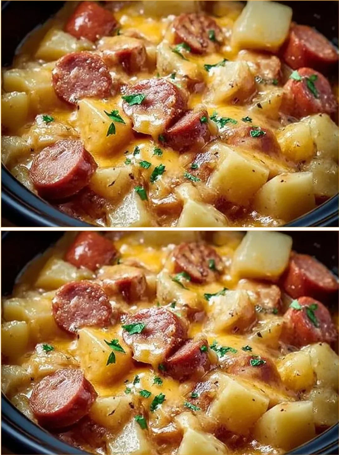 Crockpot Cheesy Potatoes with Kielbasa served in a bowl