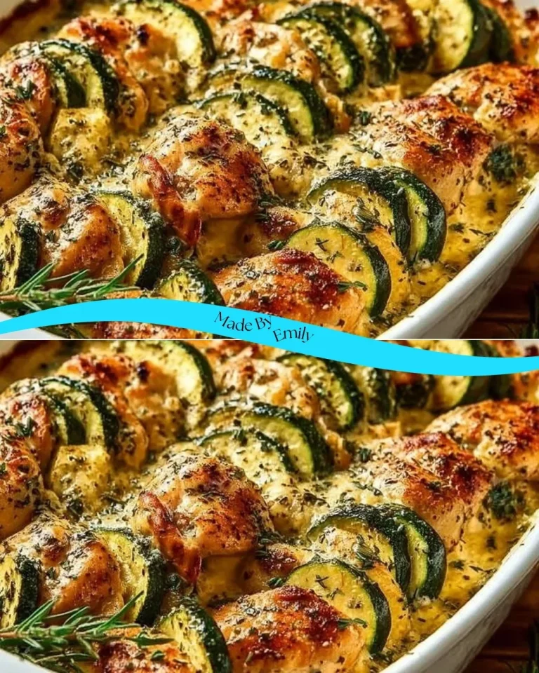 Delicious easy chicken zucchini bake served in a baking dish