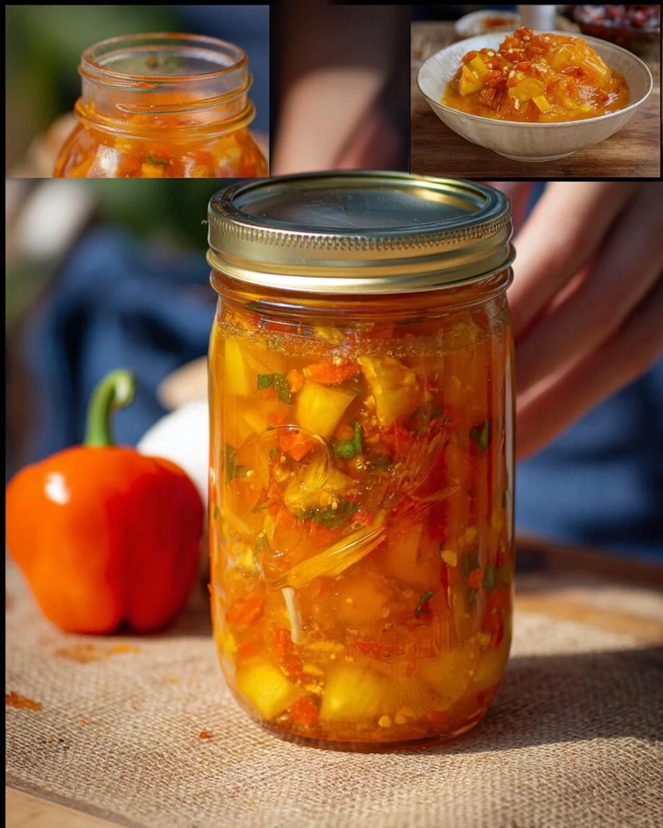 Fermented pineapple habanero hot sauce in a bottle with fresh ingredients