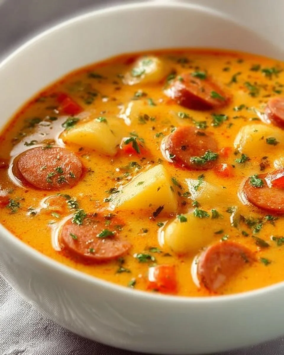 Bowl of traditional Frankfurt Soup garnished with herbs and fresh vegetables.