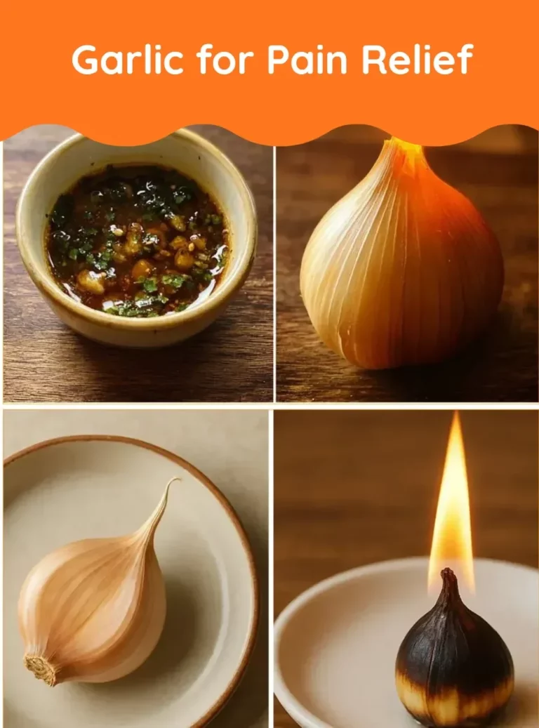 Garlic cloves on a wooden table, a natural remedy for pain relief.