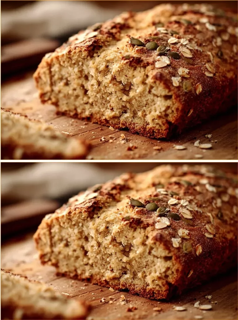Loaf of gluten-free oat bread with slices on a wooden board