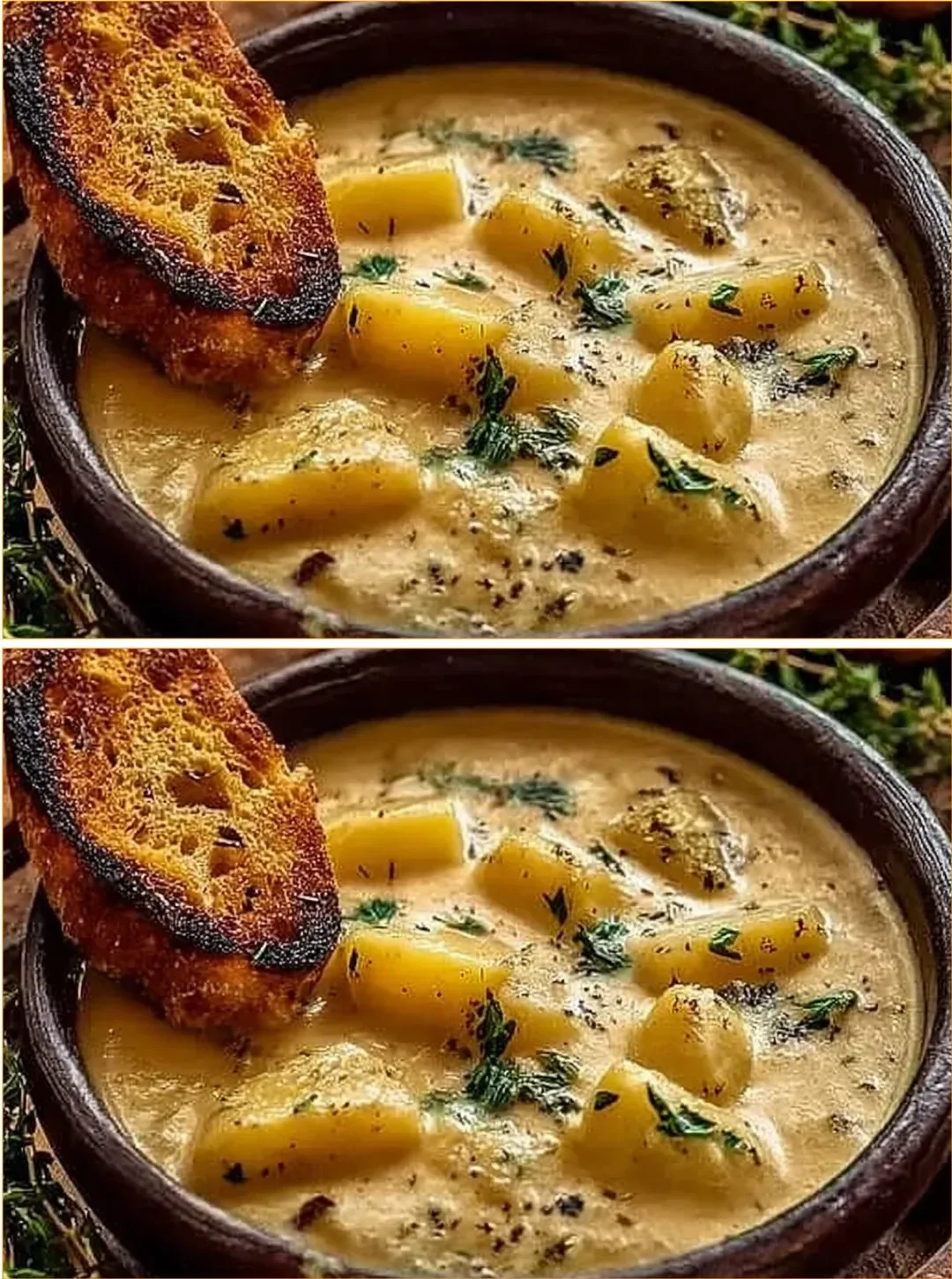 Bowl of hearty Cheddar Garlic Herb Potato Soup with herbs and cheese
