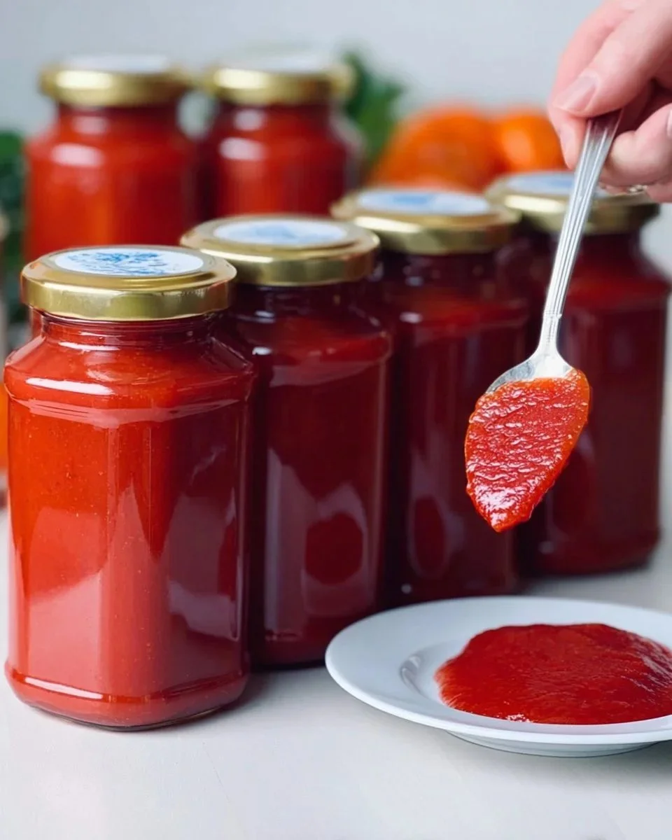Homemade tomato paste made from fresh tomatoes in a jar