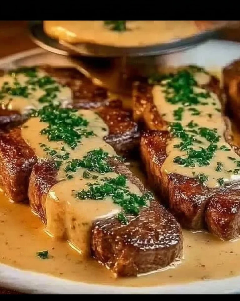 Juicy steak drizzled with creamy garlic sauce on a plate