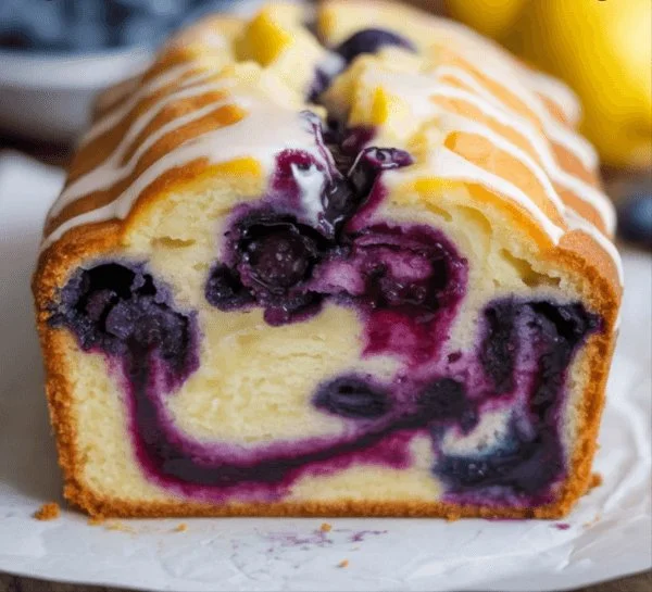 Moist and flavorful Lemon Blueberry Loaf Cake with a lemon glaze and fresh blueberries.