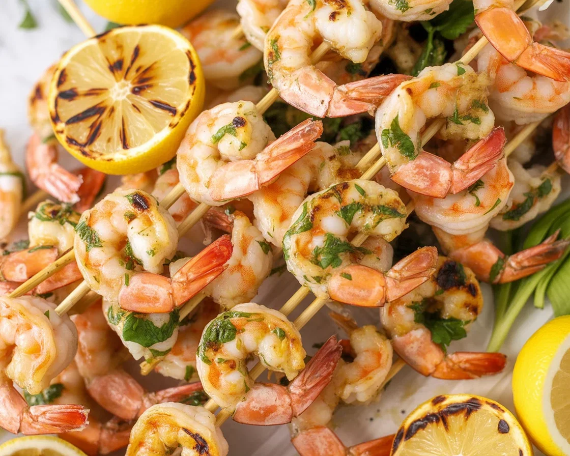 Lemon herb shrimp skewers grilled to perfection with garlic and olive oil marinade.