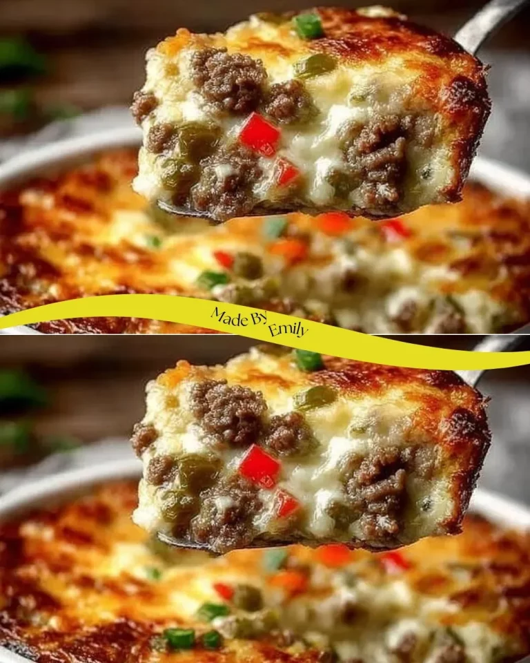 Low carb Philly cheesesteak casserole topped with melted cheese and bell peppers