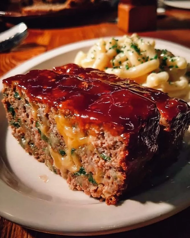 Delicious homemade meatloaf served with mashed potatoes and green beans.