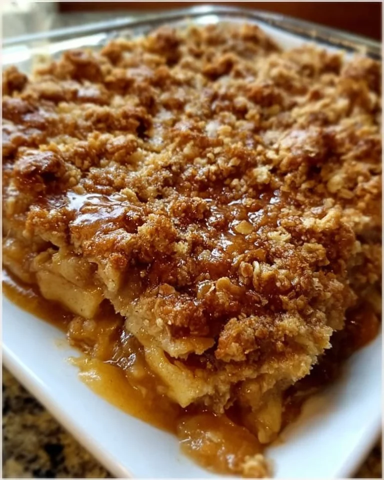 A delicious serving of Mom's homemade apple crisp with warm apple filling and crunchy topping.