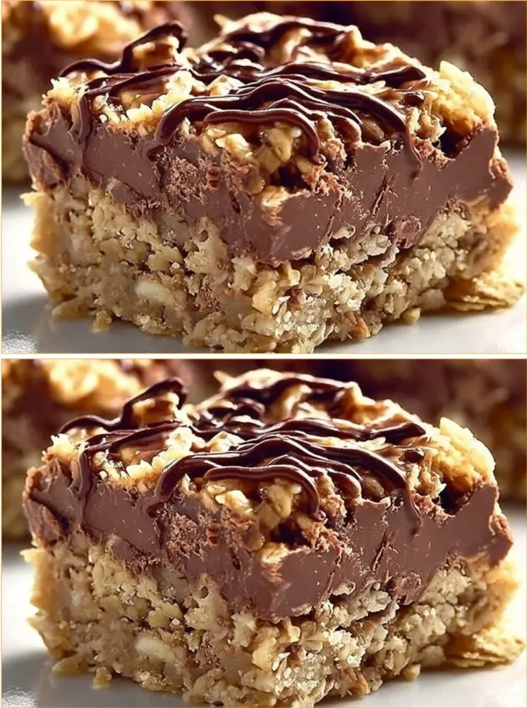 No bake chocolate oatmeal bars stacked on a plate.