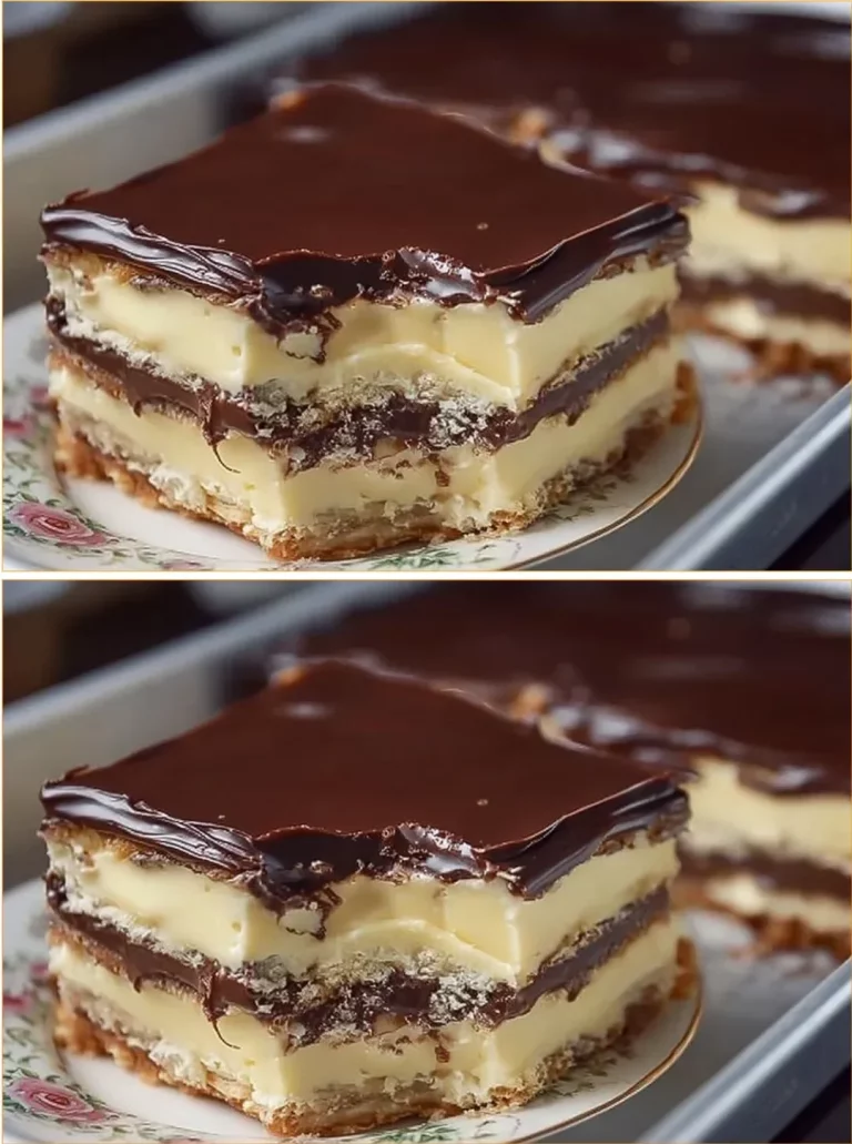 Delicious no-bake eclair cake topped with chocolate glaze on a dessert plate.