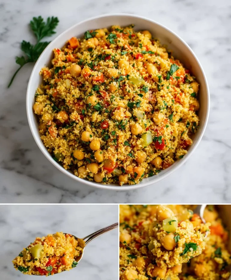 One-Pot Moroccan Couscous with Chickpeas served in a bowl