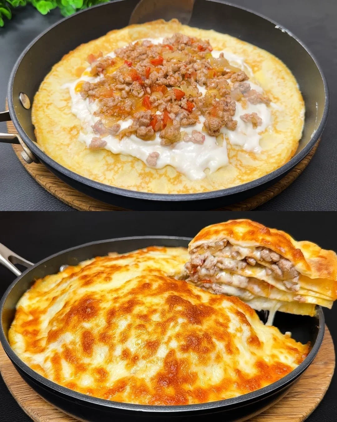 Savory pancakes with meat filling and béchamel sauce on a plate